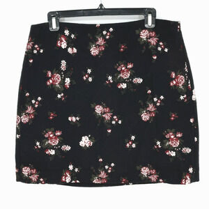 Loft Skirt Womens 12 Black Red Floral Tweed Cotton Blend Zip Lined Knee Length